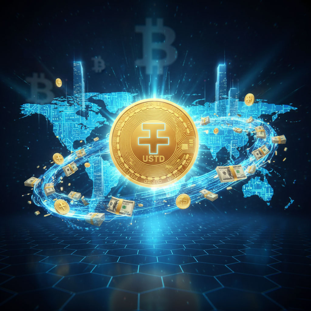 سکه‌ای بزرگ و طلایی از تتر (USDT) در مرکز تصویر قرار گرفته است. در پس‌زمینه، نقشه‌ای دیجیتالی و آبی رنگ از جهان دیده می‌شود که ساختمان‌های بلند در اطراف آن، نشان‌دهنده شهرهای بزرگ و اقتصاد جهانی هستند. دلارها و سکه‌های کوچک‌تر تتر به صورت دایره‌ای و پرسرعت در حال گردش به دور سکه مرکزی هستند که نمادی از جریان مالی و پذیرش گسترده جهانی و آینده تتر در بازارهای مالی است 

