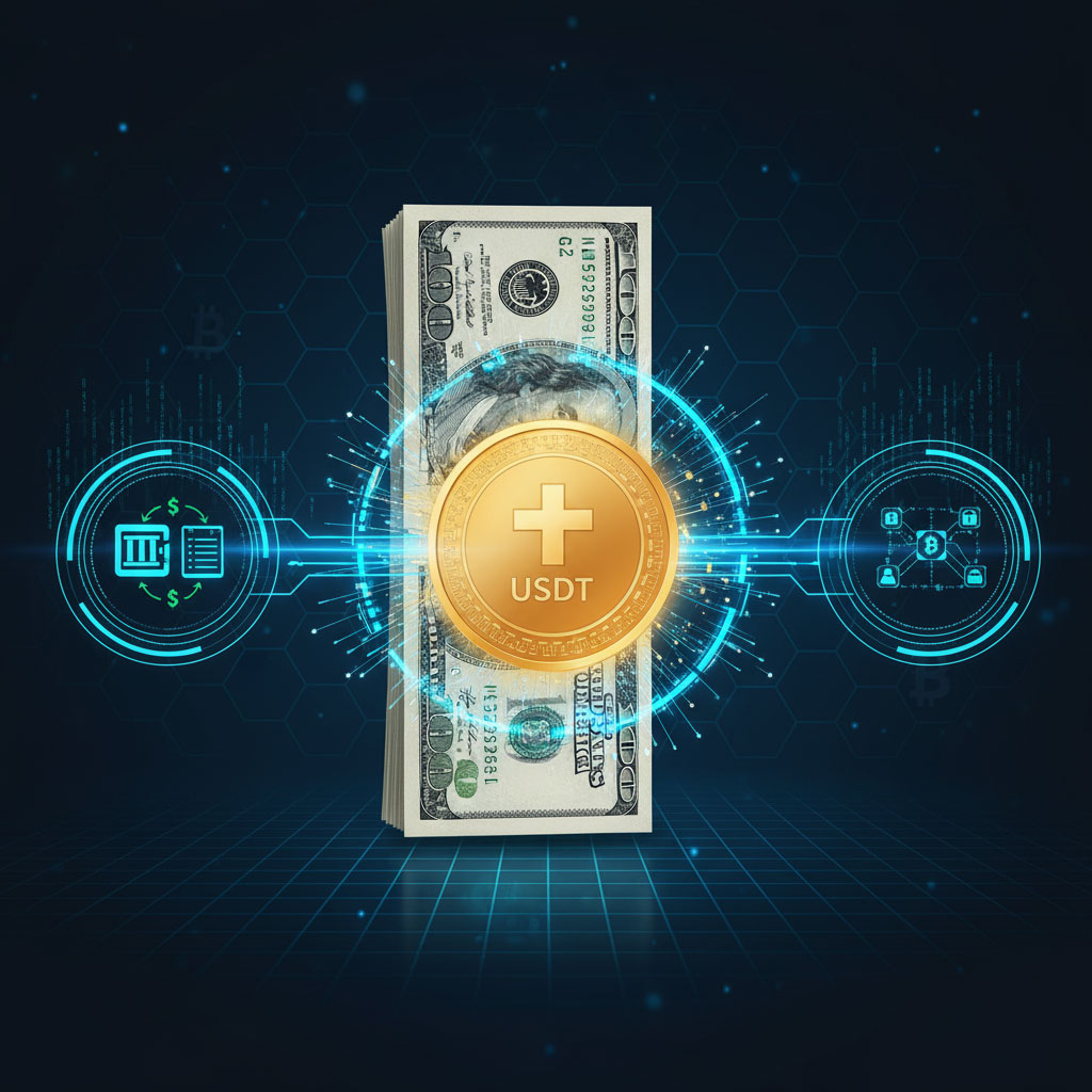 یک دسته اسکناس ۱۰۰ دلاری آمریکا به صورت عمودی قرار گرفته و یک سکه طلایی تتر (USDT) با نماد مثبت (+) دقیقاً در مرکز آن قرار دارد. یک هاله نئونی آبی رنگ سکه را احاطه کرده است. در اطراف این ترکیب، نمودارهای مدور دیجیتالی (نشان‌دهنده تراکنش و ثبات) دیده می‌شود. این تصویر نشان‌دهنده چگونگی کارکرد تتر و پیوستگی آن به دلار و حفظ ارزش ۱:۱ است. 
