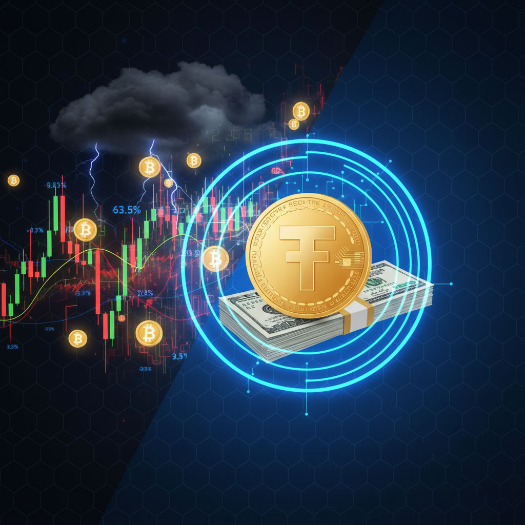 تصویر دو نیمه متضاد از بازار را نشان می‌دهد. سمت چپ نشان‌دهنده نوسان شدید بازار ارزهای دیجیتال است که با نمودارهای شمعی پرریسک، رعد و برق و ابرهای طوفانی نمایش داده شده است. سمت راست نشان‌دهنده ثبات است: یک دسته دلار آمریکا با سکه طلایی تتر در بالای آن، که توسط یک حلقه نوری آبی پایدار احاطه شده است. این تصویر تتر را به عنوان ابزاری برای مدیریت ریسک و پناهگاه در برابر نوسانات بازار به تصویر می‌کشد 
